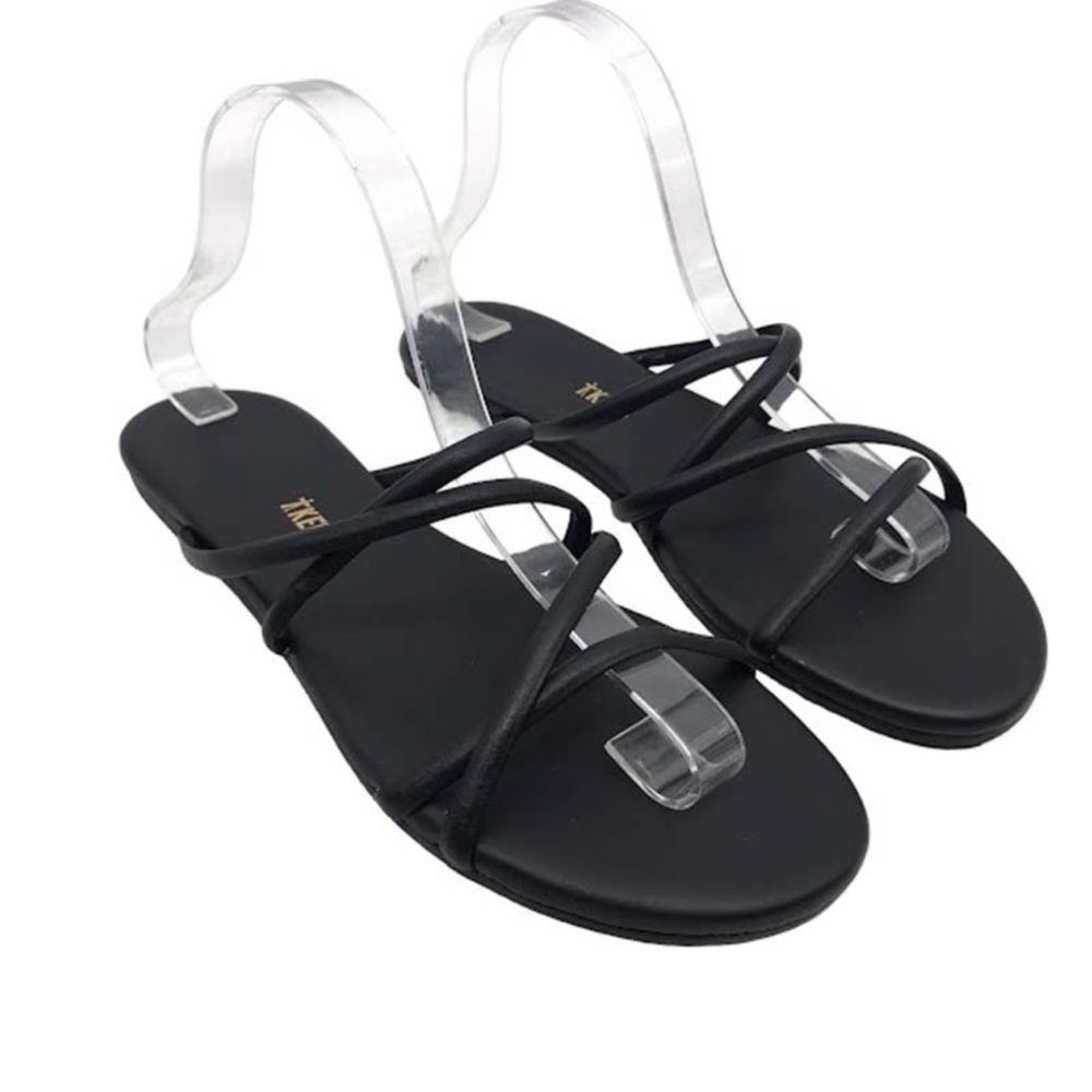 TKEES Sloane Slide Flat Sandal 9 Criss-Cross Strap Leather Strappy Black Brazil